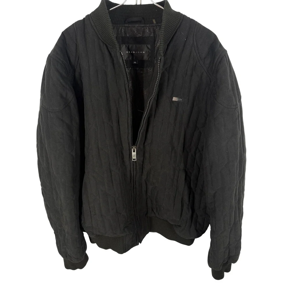 Sean John Y2K Mens Quilted Bomber Jacket Black XXL Full Zip Ribbed Collar Casual